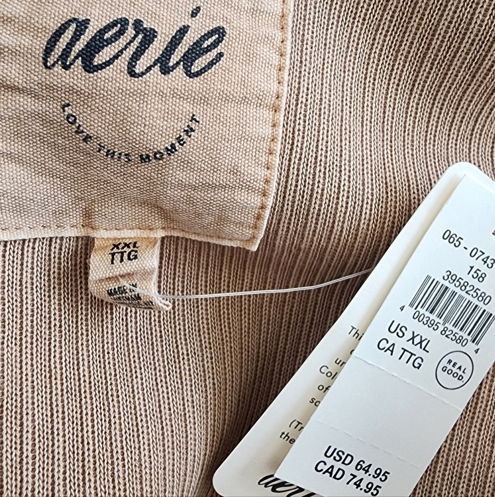 NWT Aerie Ribbed Oh Snap Henley Hoodie Stone Harbor Tan Oversized XXL - Picture 9 of 11